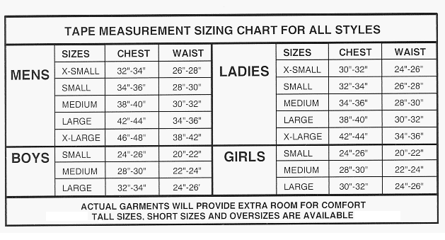 Active Knit Apparel, Inc. Size Chart